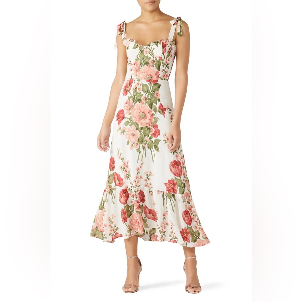 Reformation Nikita White Floral Midi Dress with Pink & Green Bouquet